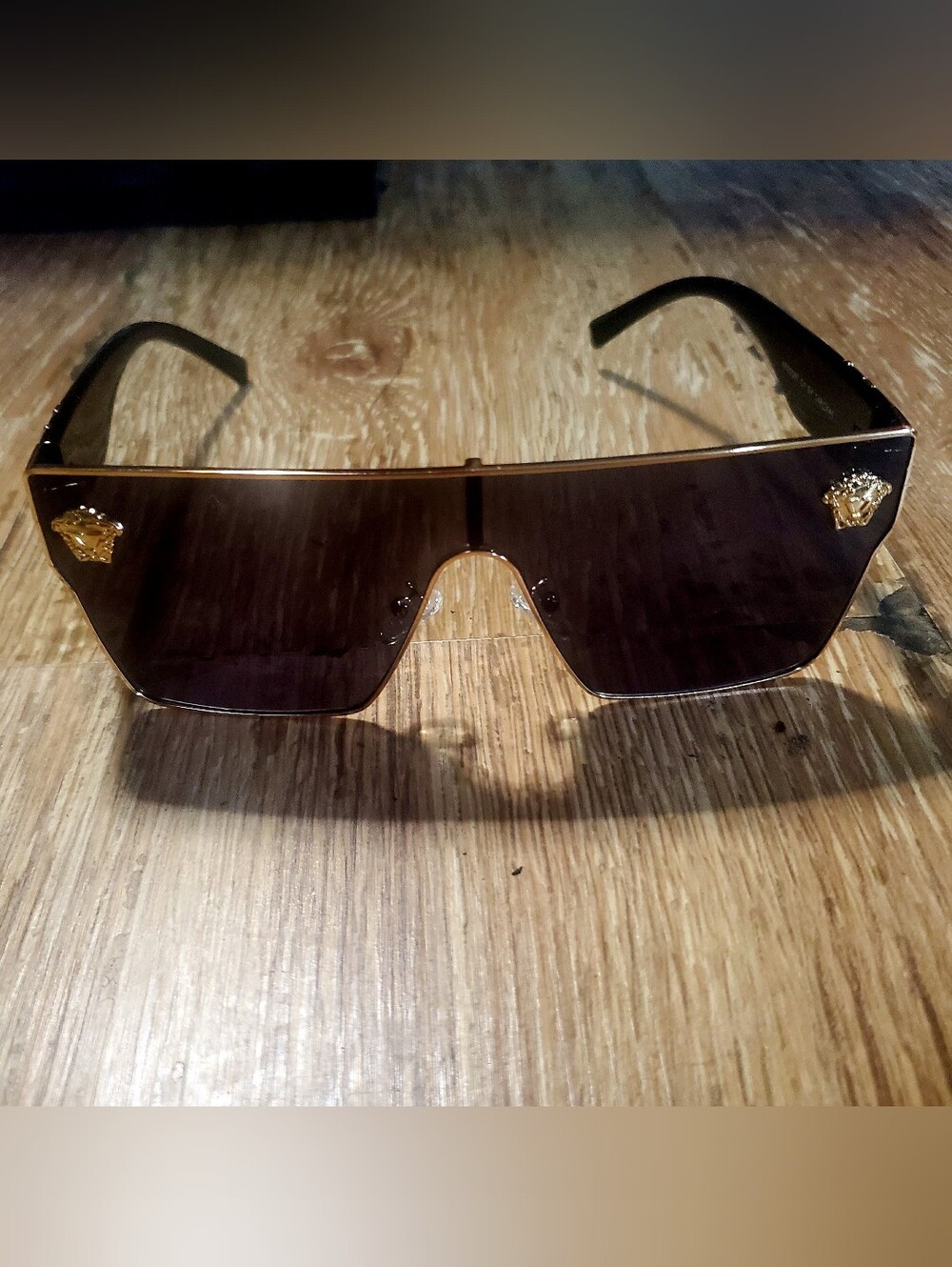 Shield Sunglasses with Black & Gold Frames & Black Lenses